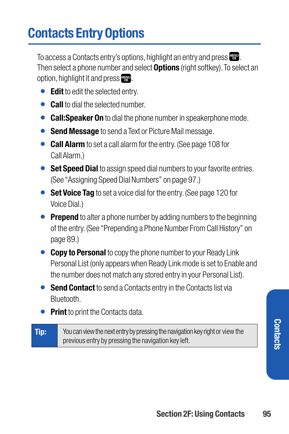 Contacts entry options, Contacts | Sanyo M1 User Manual | Page 111 / 284