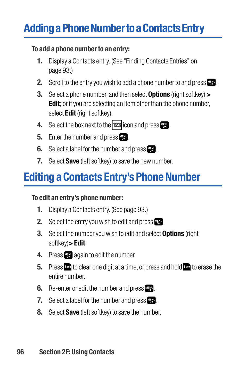 Adding a phone number to a c, Editing a contacts entry’s p, Adding a phone number to a contacts entry | Editing a contacts entry’s phone number | Sanyo M1 User Manual | Page 112 / 284