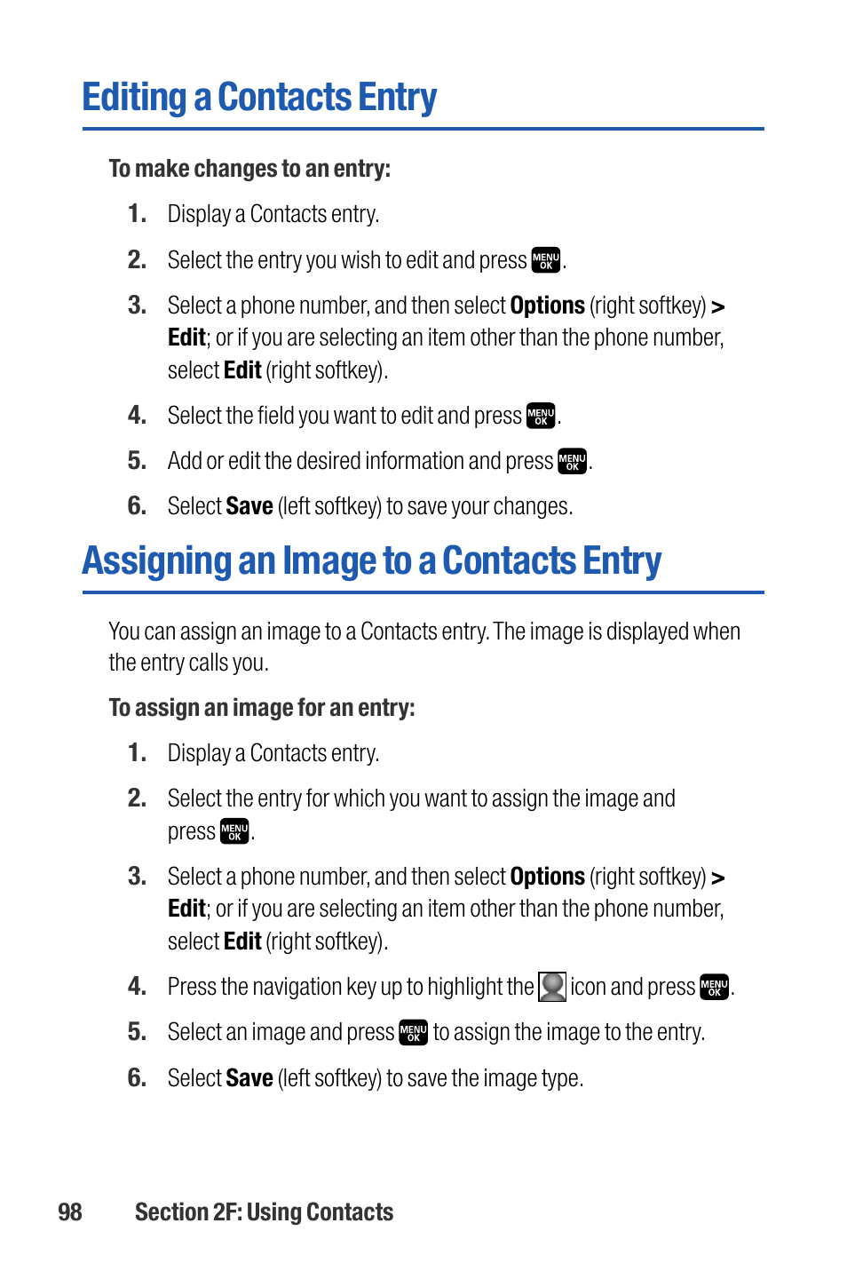 Editing a contacts entry, Assigning an image to a cont, Assigning an image to a contacts entry | Sanyo M1 User Manual | Page 114 / 284