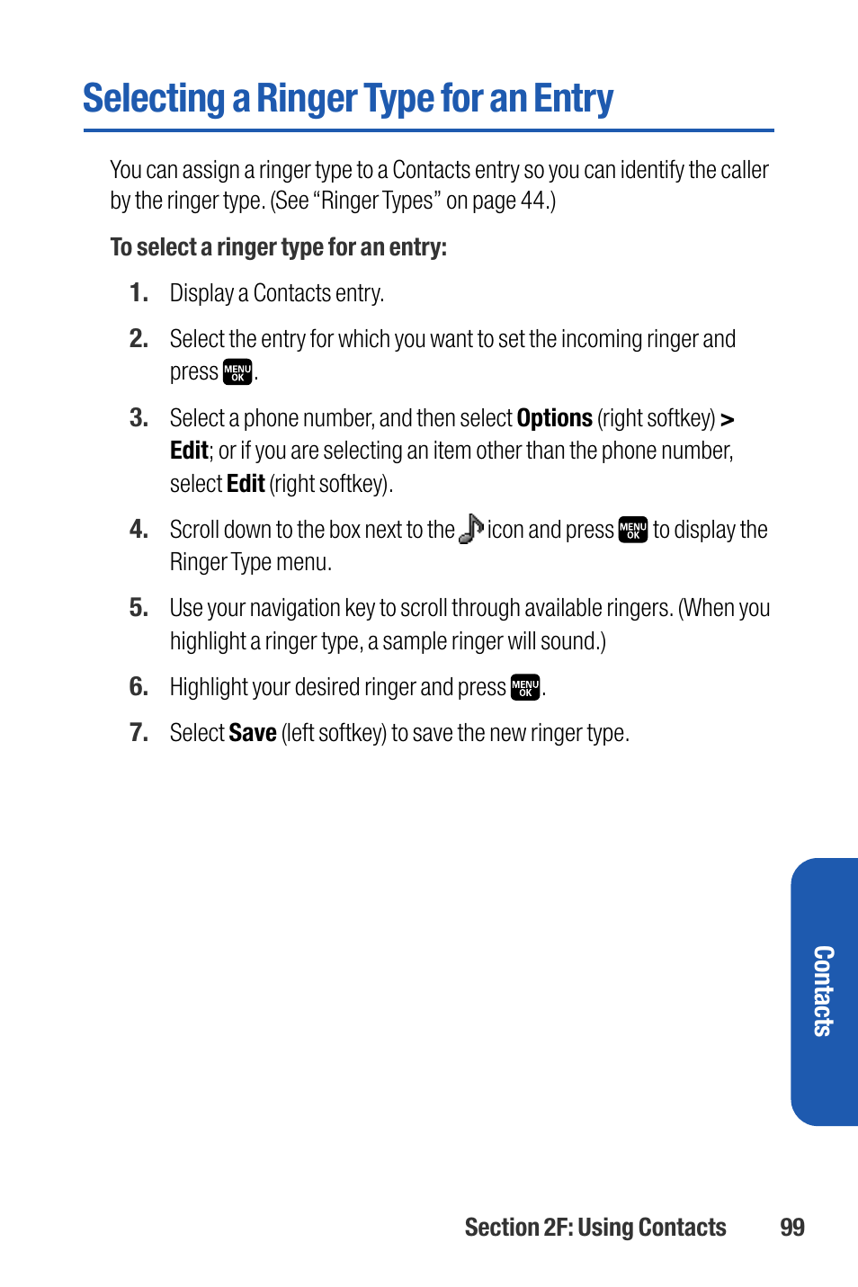 Selecting a ringer type for, Selecting a ringer type for an entry | Sanyo M1 User Manual | Page 115 / 284