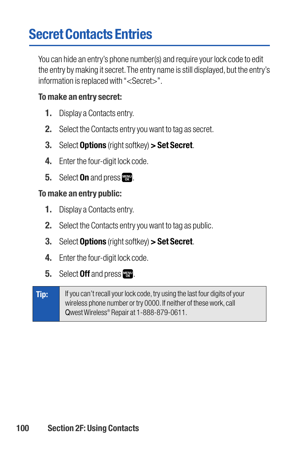 Secret contacts entries | Sanyo M1 User Manual | Page 116 / 284