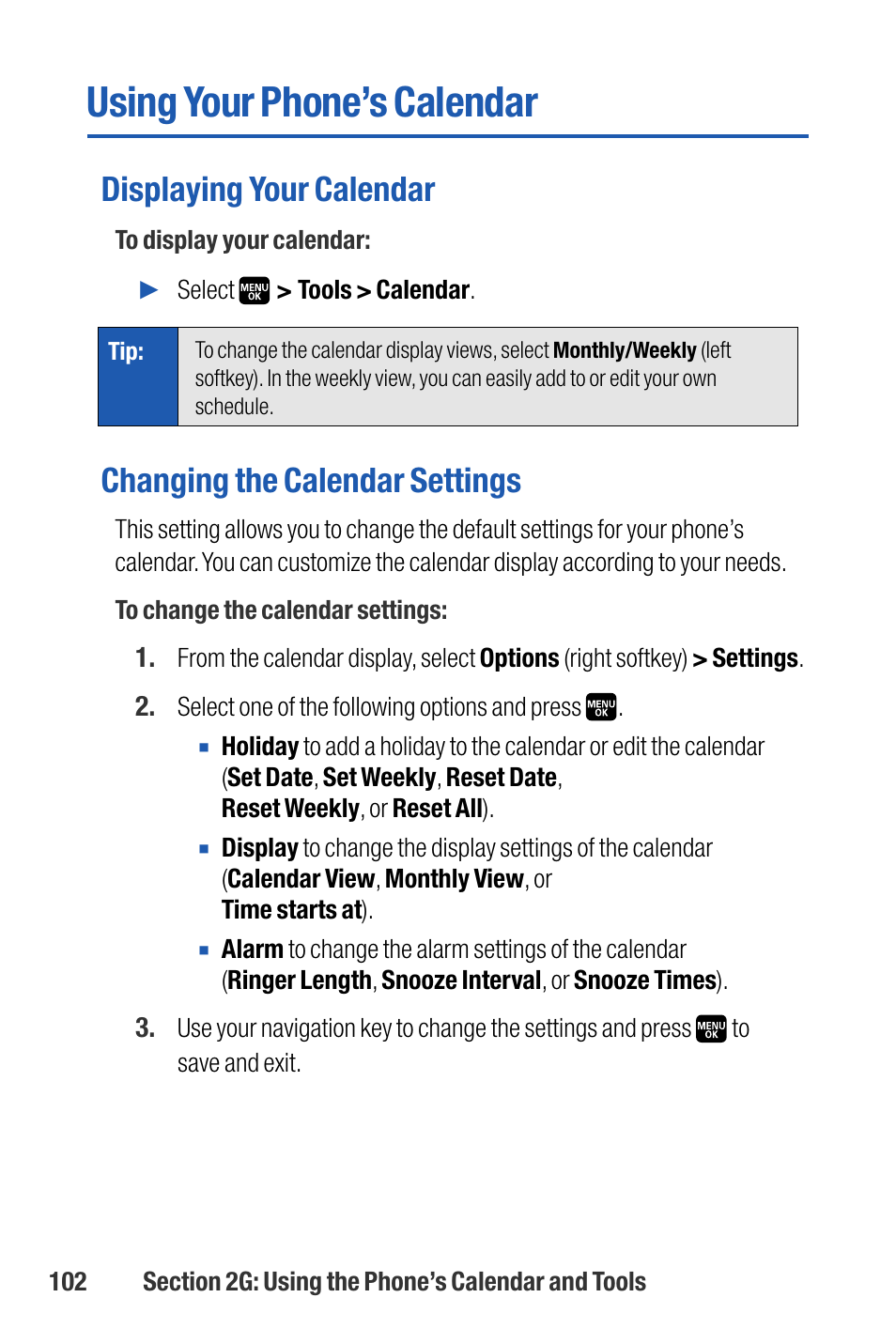 Using your phone’s calendar, Displaying your calendar, Changing the calendar settings | Sanyo M1 User Manual | Page 118 / 284