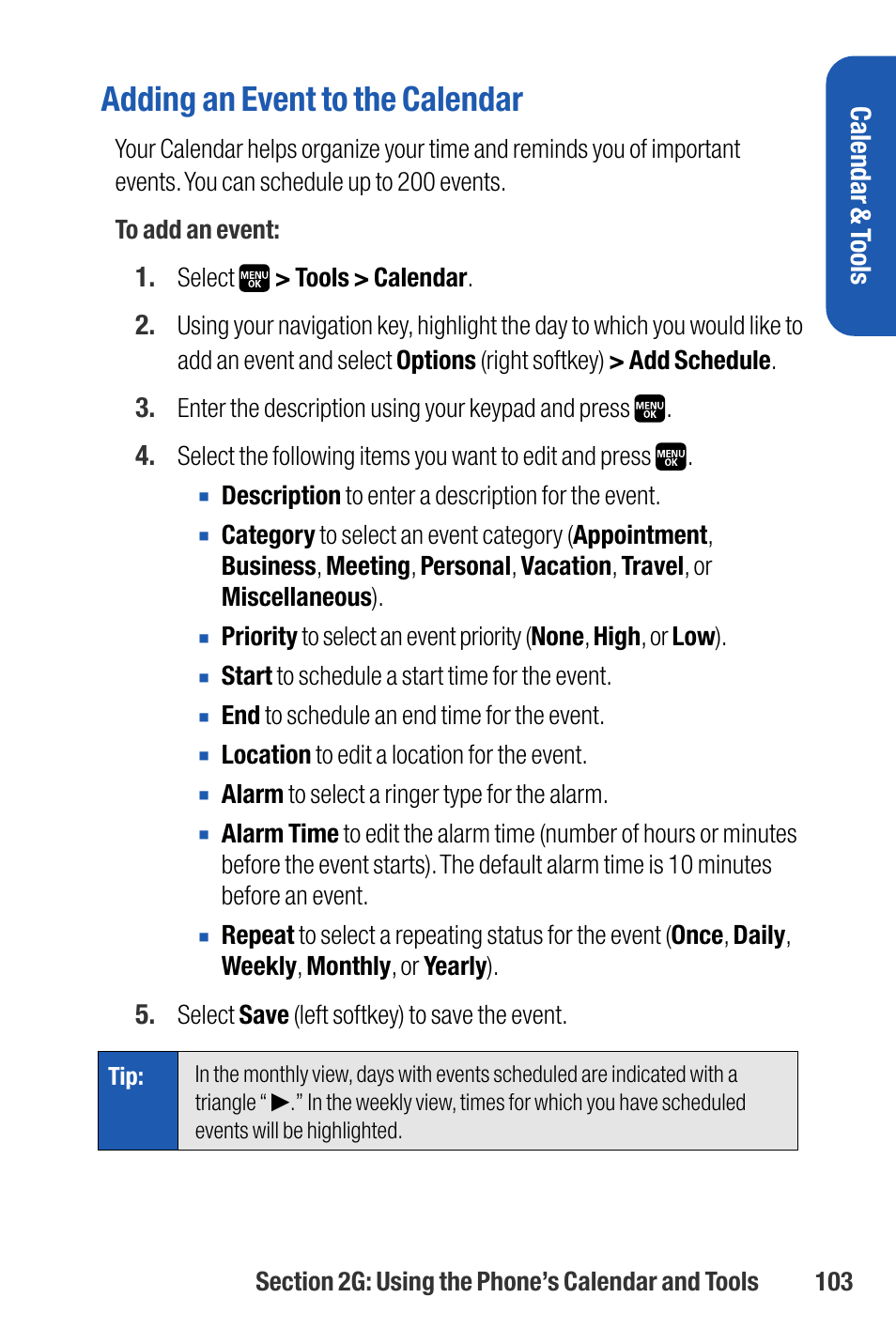 Adding an event to the calendar, Calendar & t ools | Sanyo M1 User Manual | Page 119 / 284