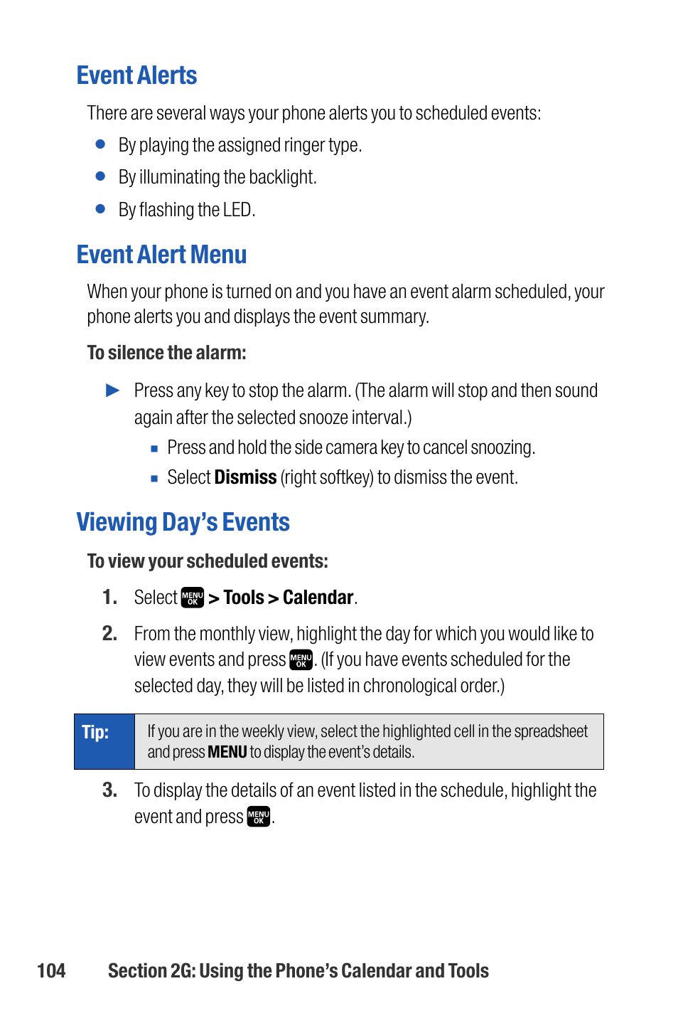 Event alerts, Event alert menu, Viewing day’s events | Sanyo M1 User Manual | Page 120 / 284