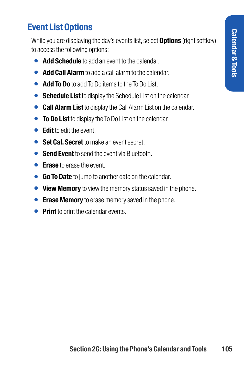 Event list options, Calendar & t ools | Sanyo M1 User Manual | Page 121 / 284