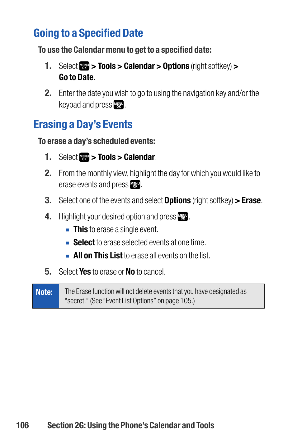 Going to a specified date, Erasing a day’s events | Sanyo M1 User Manual | Page 122 / 284