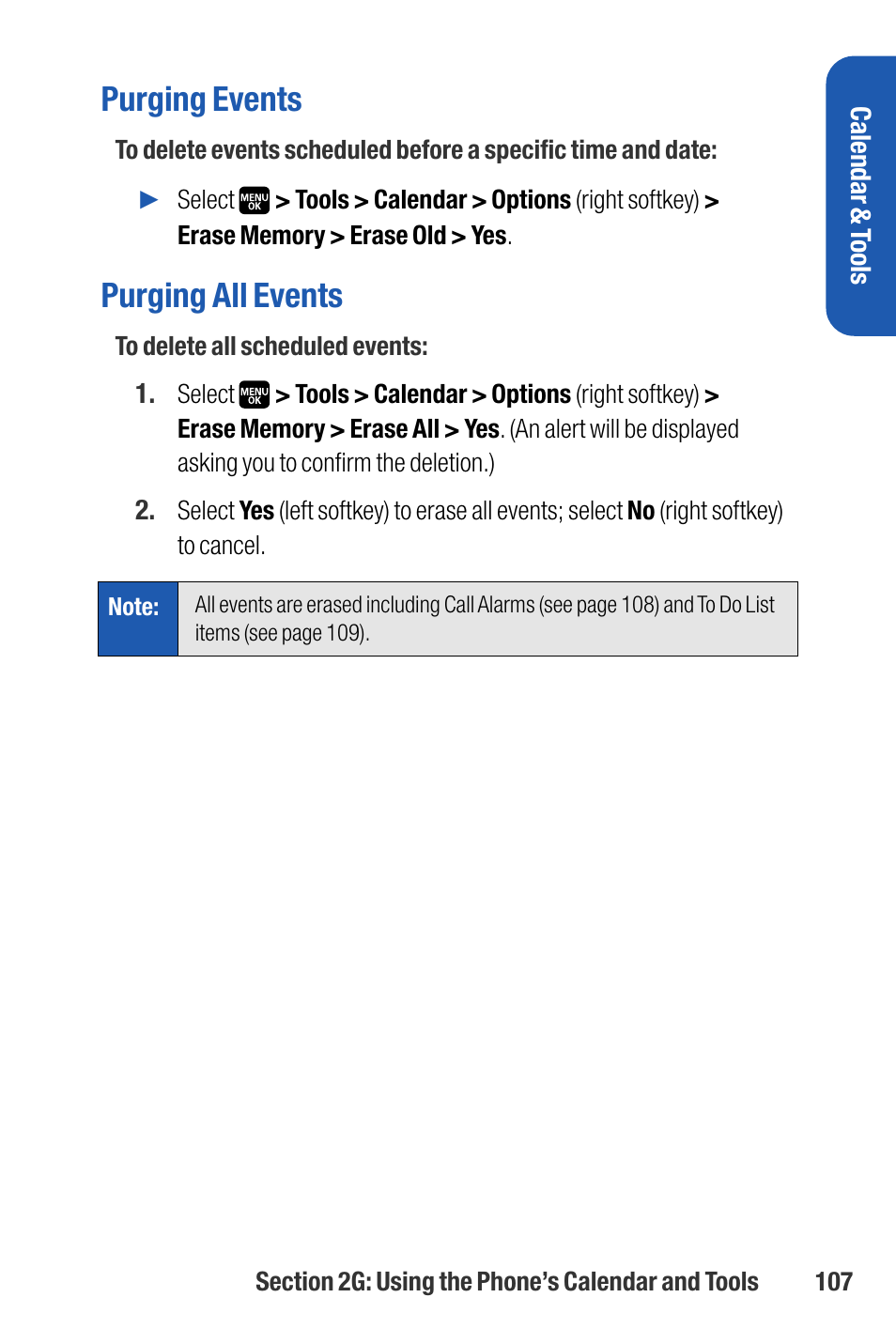 Purging events, Purging all events | Sanyo M1 User Manual | Page 123 / 284