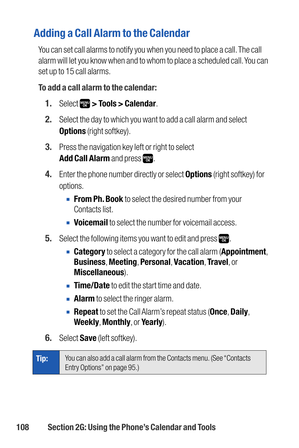 Adding a call alarm to the calendar | Sanyo M1 User Manual | Page 124 / 284