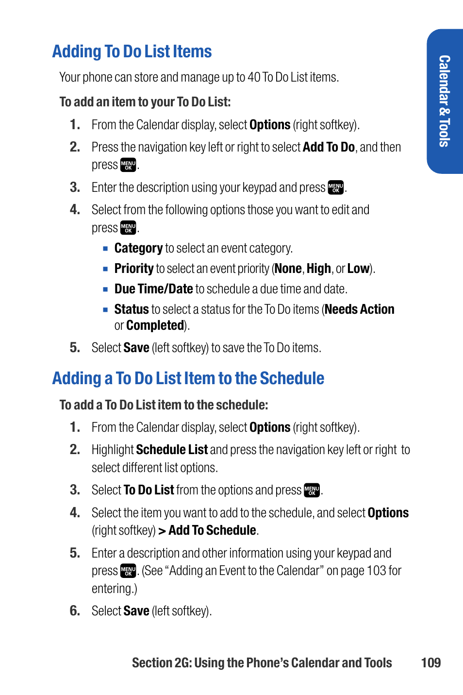 Adding to do list items, Adding a to do list item to the schedule | Sanyo M1 User Manual | Page 125 / 284