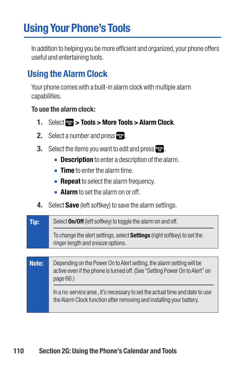 Using your phone’s tools, Using the alarm clock | Sanyo M1 User Manual | Page 126 / 284