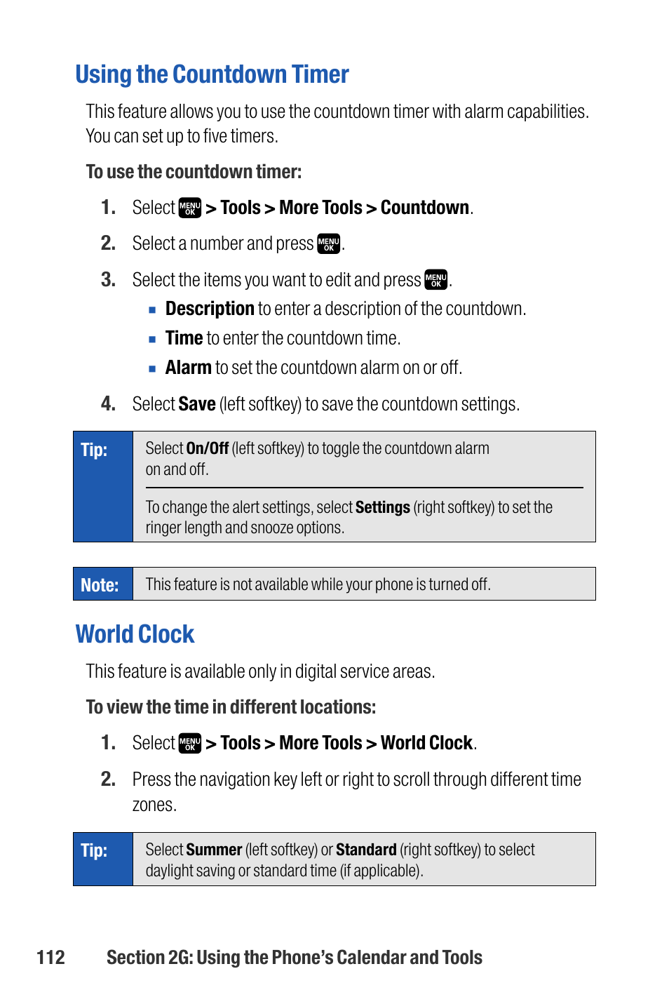 Using the countdown timer, World clock | Sanyo M1 User Manual | Page 128 / 284