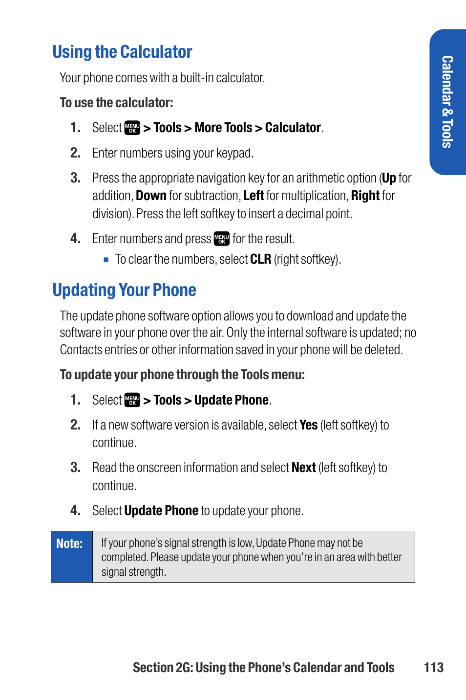 Using the calculator, Updating your phone | Sanyo M1 User Manual | Page 129 / 284