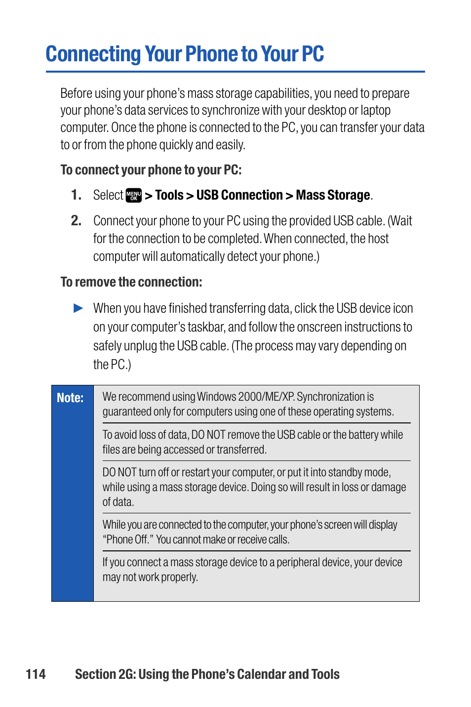 Connecting your phone to you, Connecting your phone to your pc | Sanyo M1 User Manual | Page 130 / 284