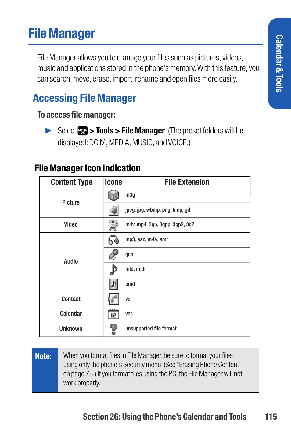 File manager, Accessing file manager, File manager icon indication | Calendar & t ools | Sanyo M1 User Manual | Page 131 / 284