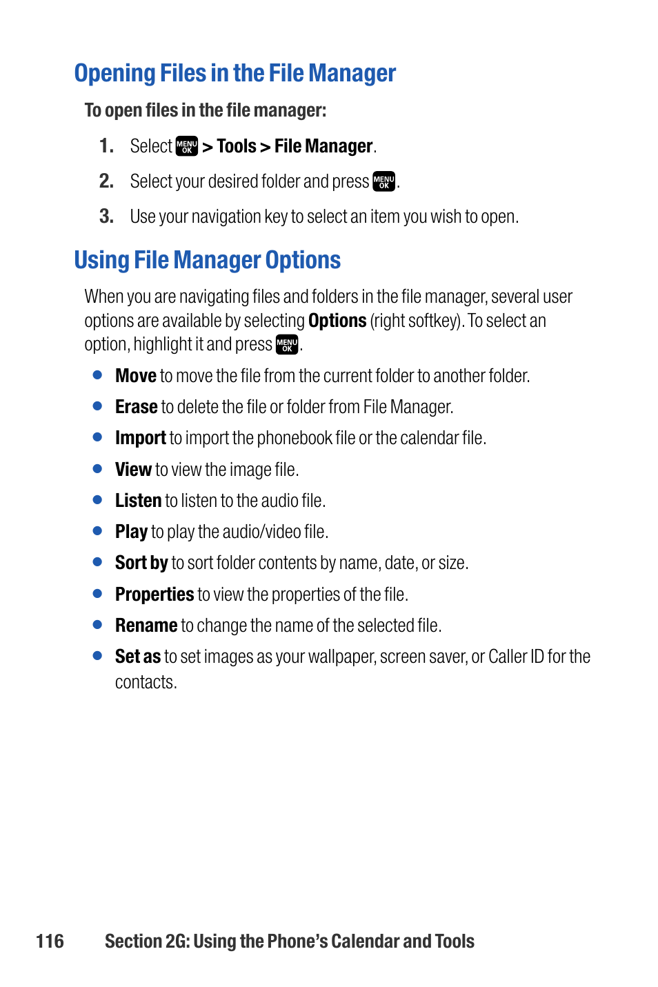 Opening files in the file manager, Using file manager options | Sanyo M1 User Manual | Page 132 / 284