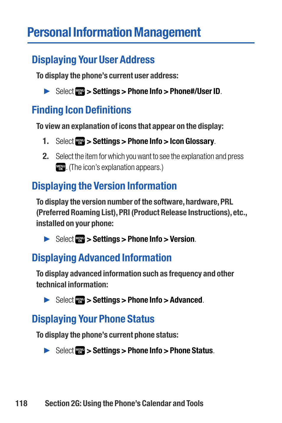 Personal information management, Displaying your user address, Finding icon definitions | Displaying the version information, Displaying advanced information, Displaying your phone status | Sanyo M1 User Manual | Page 134 / 284