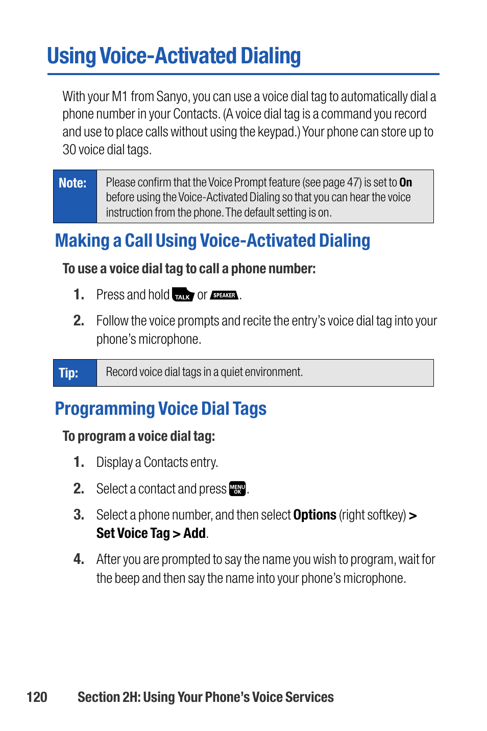 Using voice-activated dialing, Making a call using voice-activated dialing, Programming voice dial tags | Sanyo M1 User Manual | Page 136 / 284