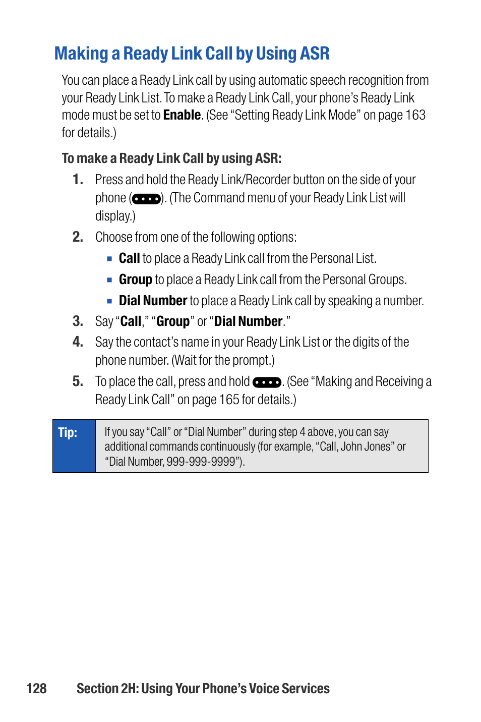 Making a ready link call by using asr | Sanyo M1 User Manual | Page 144 / 284