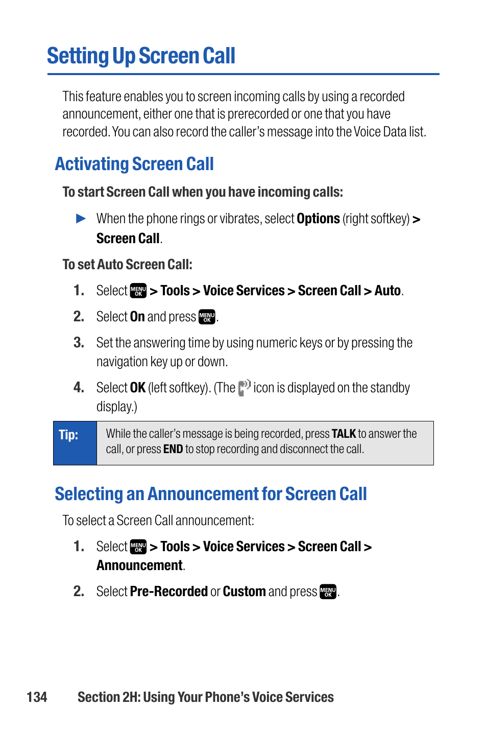 Setting up screen call, Activating screen call, Selecting an announcement for screen call | Sanyo M1 User Manual | Page 150 / 284