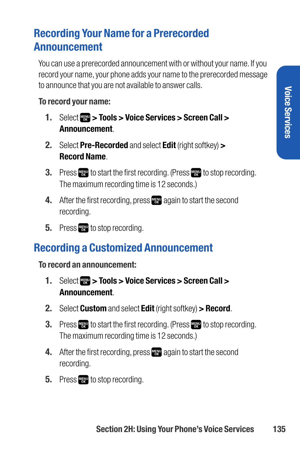 Recording your name for a prerecorded announcement, Recording a customized announcement | Sanyo M1 User Manual | Page 151 / 284