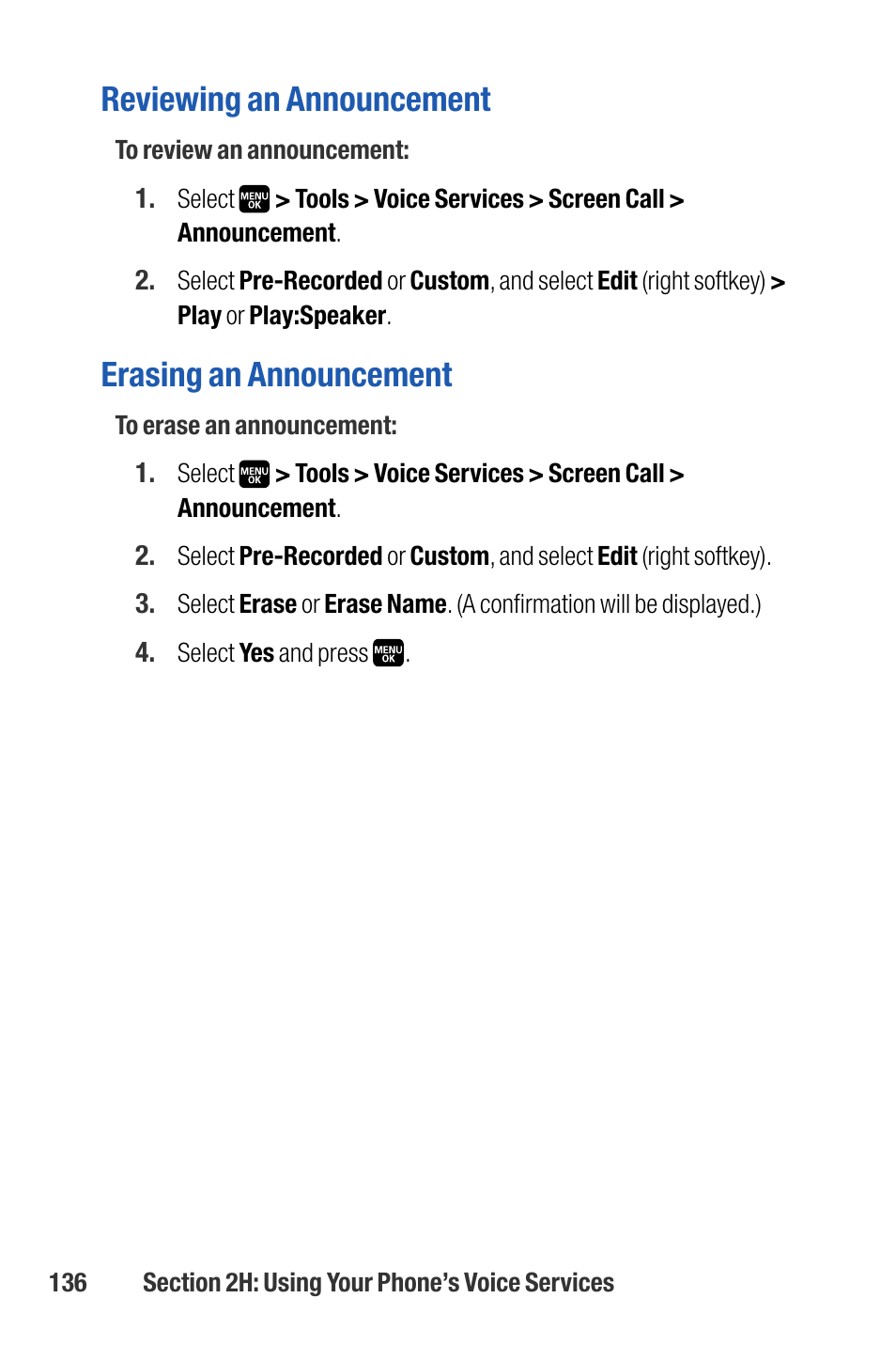 Reviewing an announcement, Erasing an announcement | Sanyo M1 User Manual | Page 152 / 284