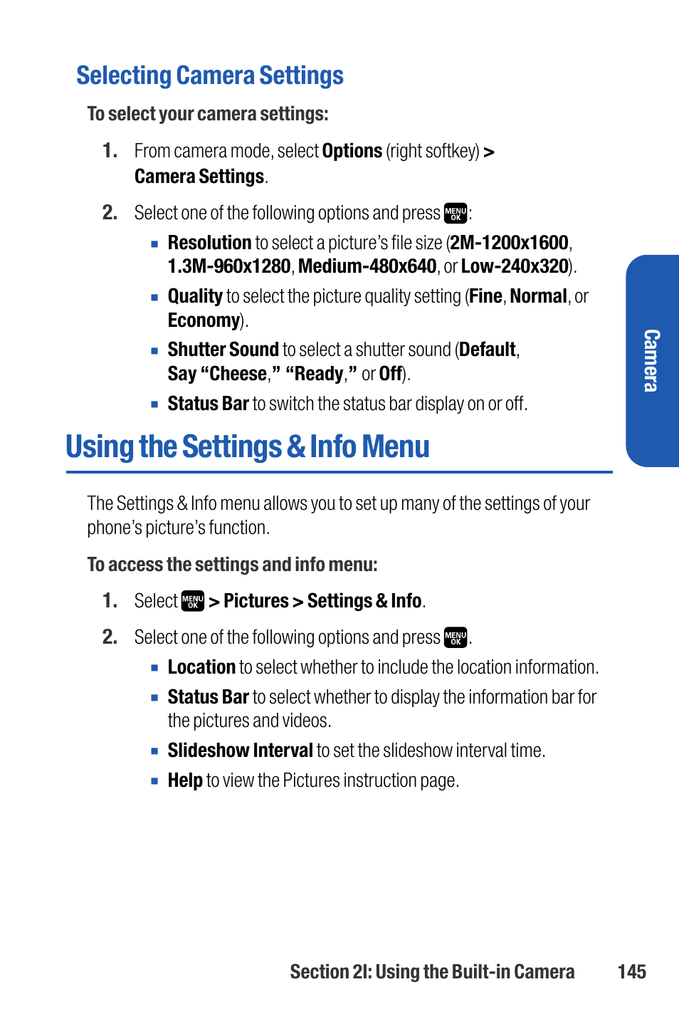 Using the settings & info menu, Selecting camera settings | Sanyo M1 User Manual | Page 161 / 284