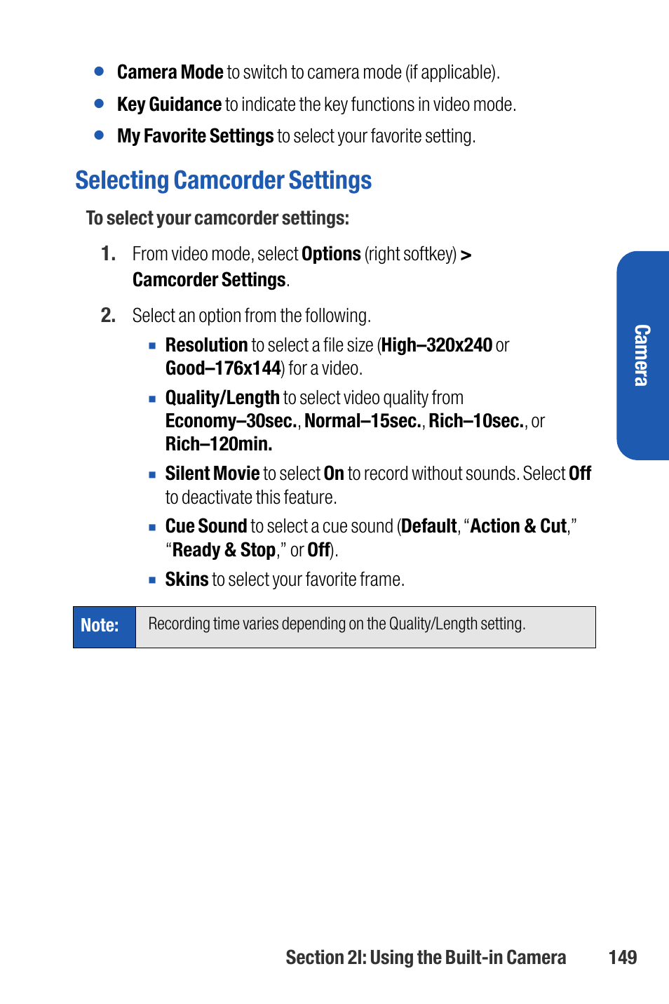 Selecting camcorder settings, Camera | Sanyo M1 User Manual | Page 165 / 284