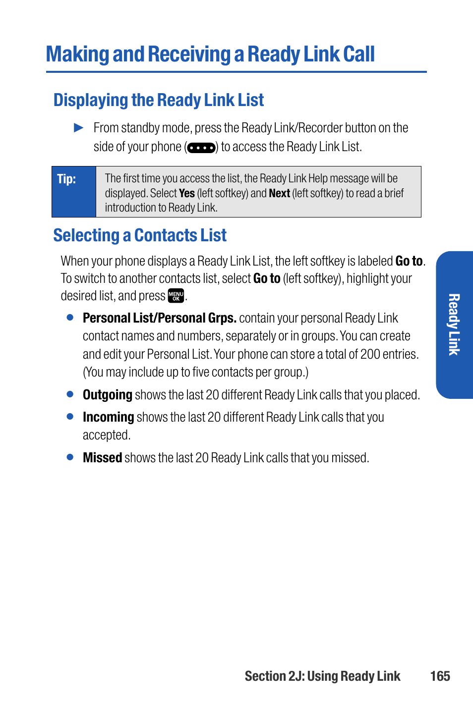 Making and receiving a ready, Making and receiving a ready link call, Displaying the ready link list | Selecting a contacts list | Sanyo M1 User Manual | Page 181 / 284