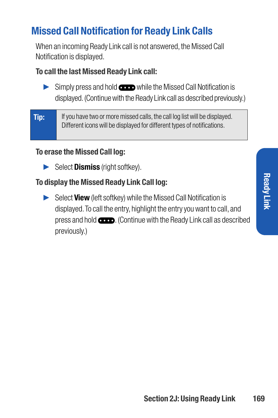 Missed call notification for ready link calls | Sanyo M1 User Manual | Page 185 / 284