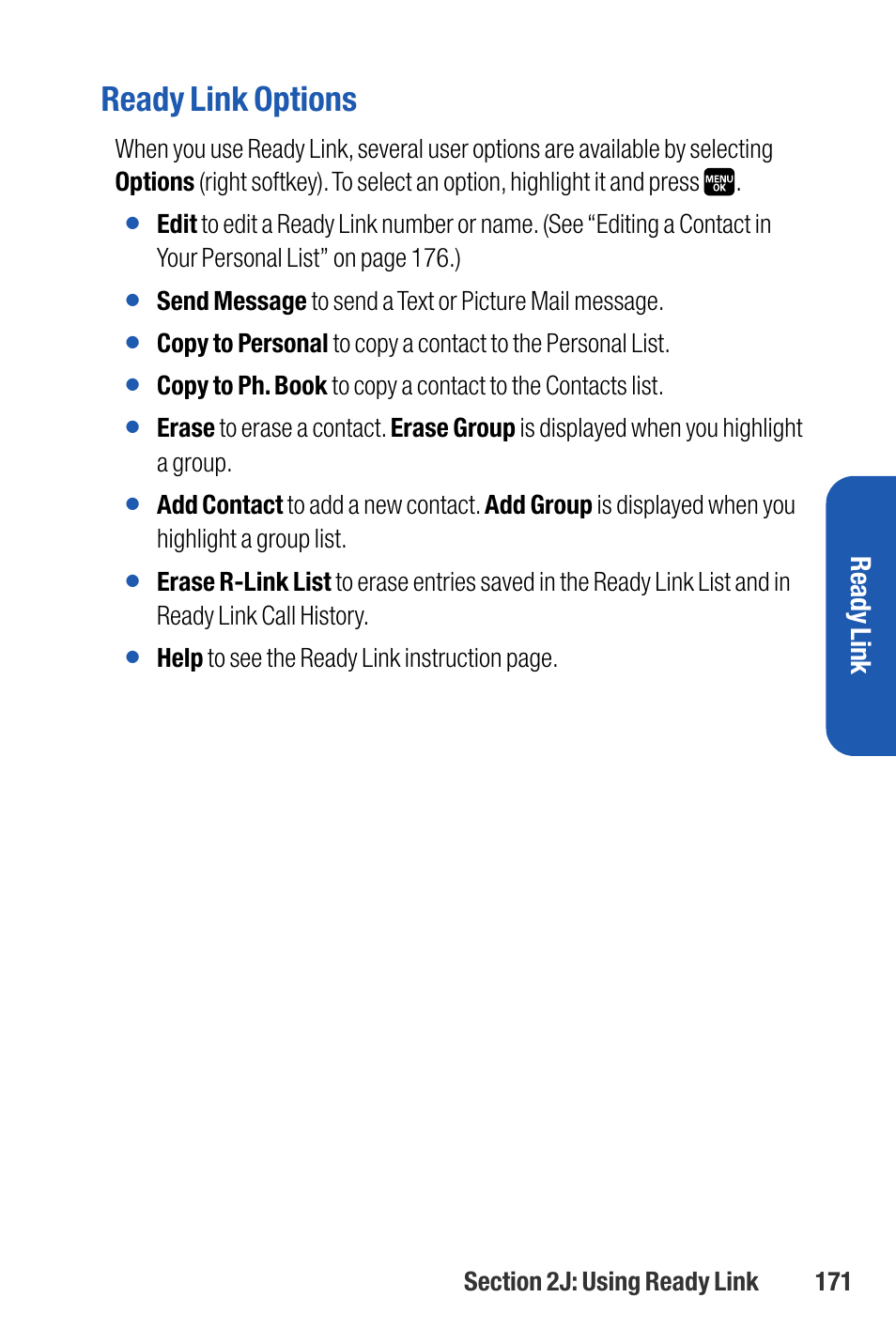 Ready link options, Ready link | Sanyo M1 User Manual | Page 187 / 284