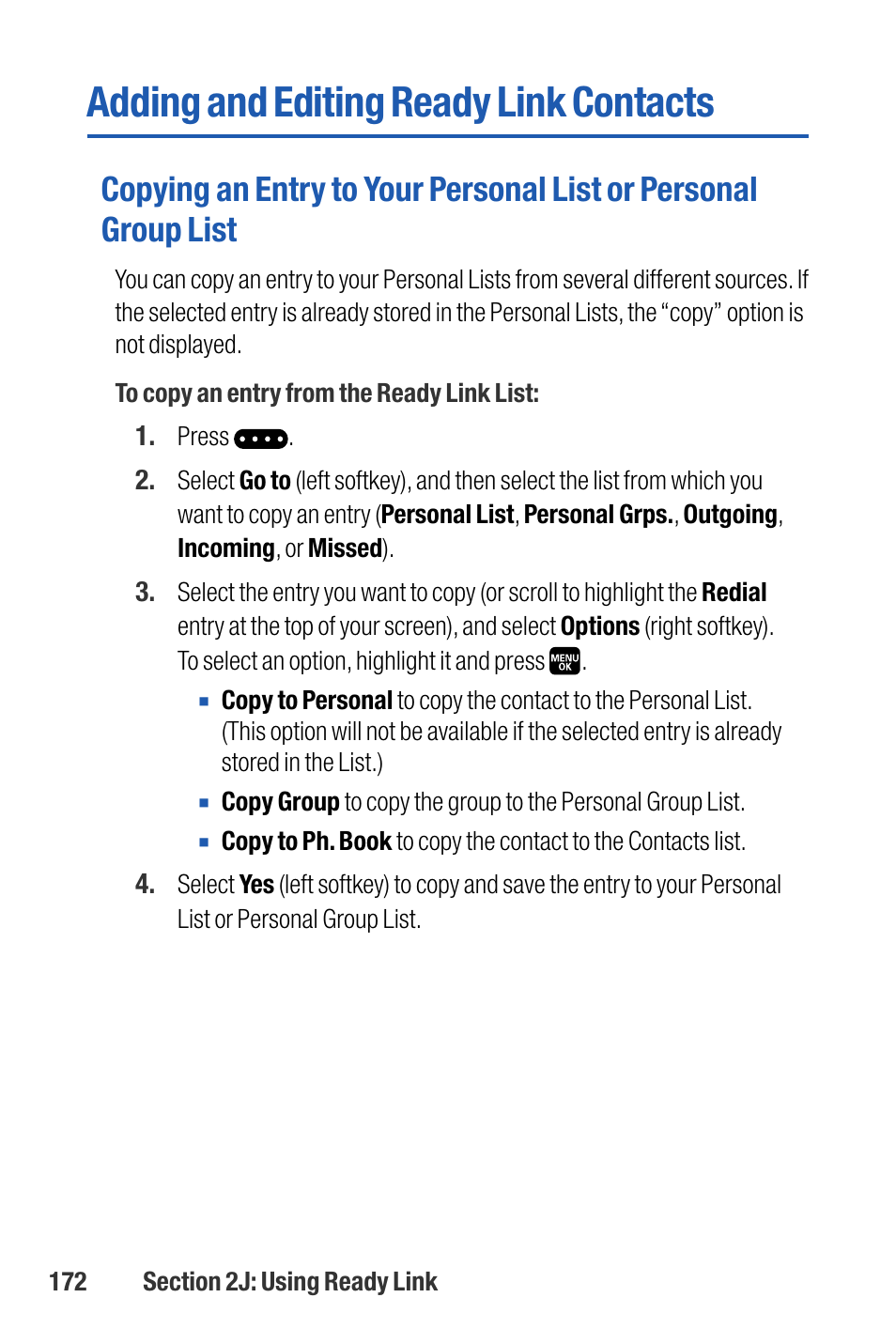 Adding and editing ready lin, Adding and editing ready link contacts | Sanyo M1 User Manual | Page 188 / 284