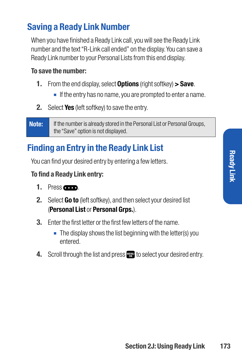 Saving a ready link number, Finding an entry in the ready link list | Sanyo M1 User Manual | Page 189 / 284