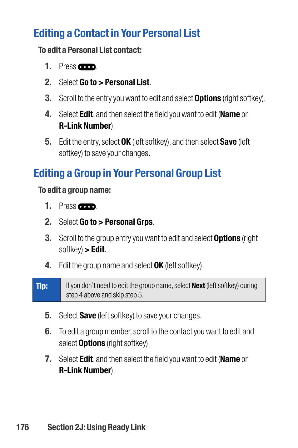 Editing a contact in your personal list, Editing a group in your personal group list | Sanyo M1 User Manual | Page 192 / 284