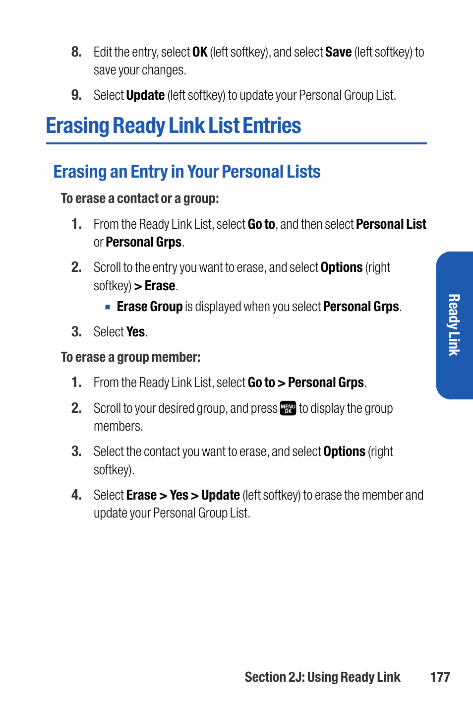 Erasing ready link list entries, Erasing an entry in your personal lists | Sanyo M1 User Manual | Page 193 / 284