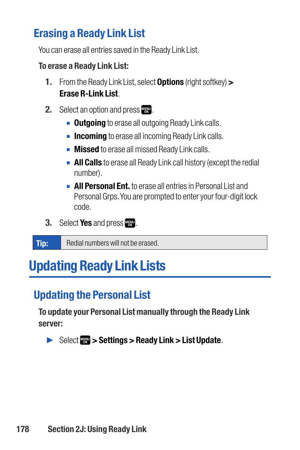 Updating ready link lists, Erasing a ready link list, Updating the personal list | Sanyo M1 User Manual | Page 194 / 284