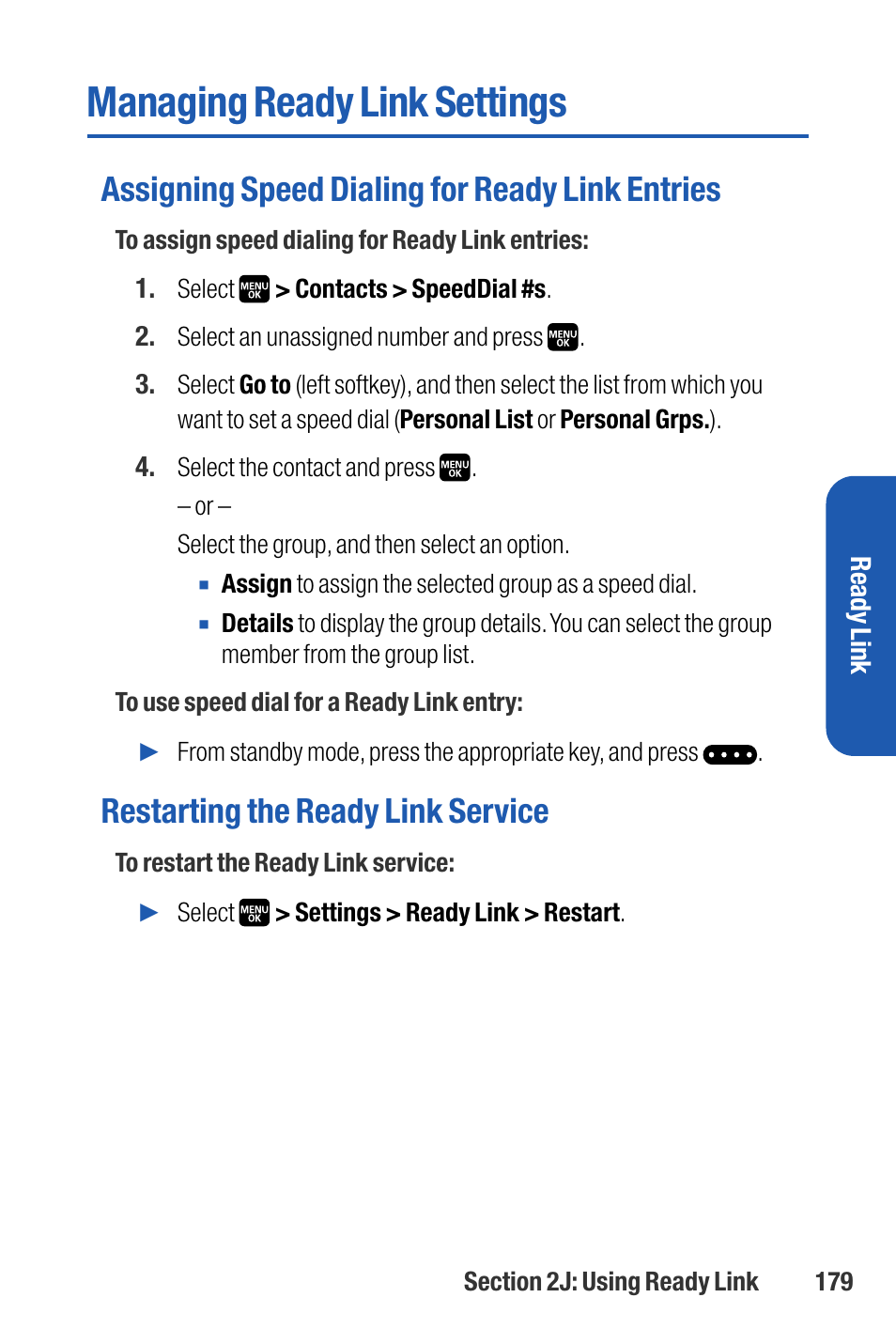 Managing ready link settings, Assigning speed dialing for ready link entries, Restarting the ready link service | Sanyo M1 User Manual | Page 195 / 284