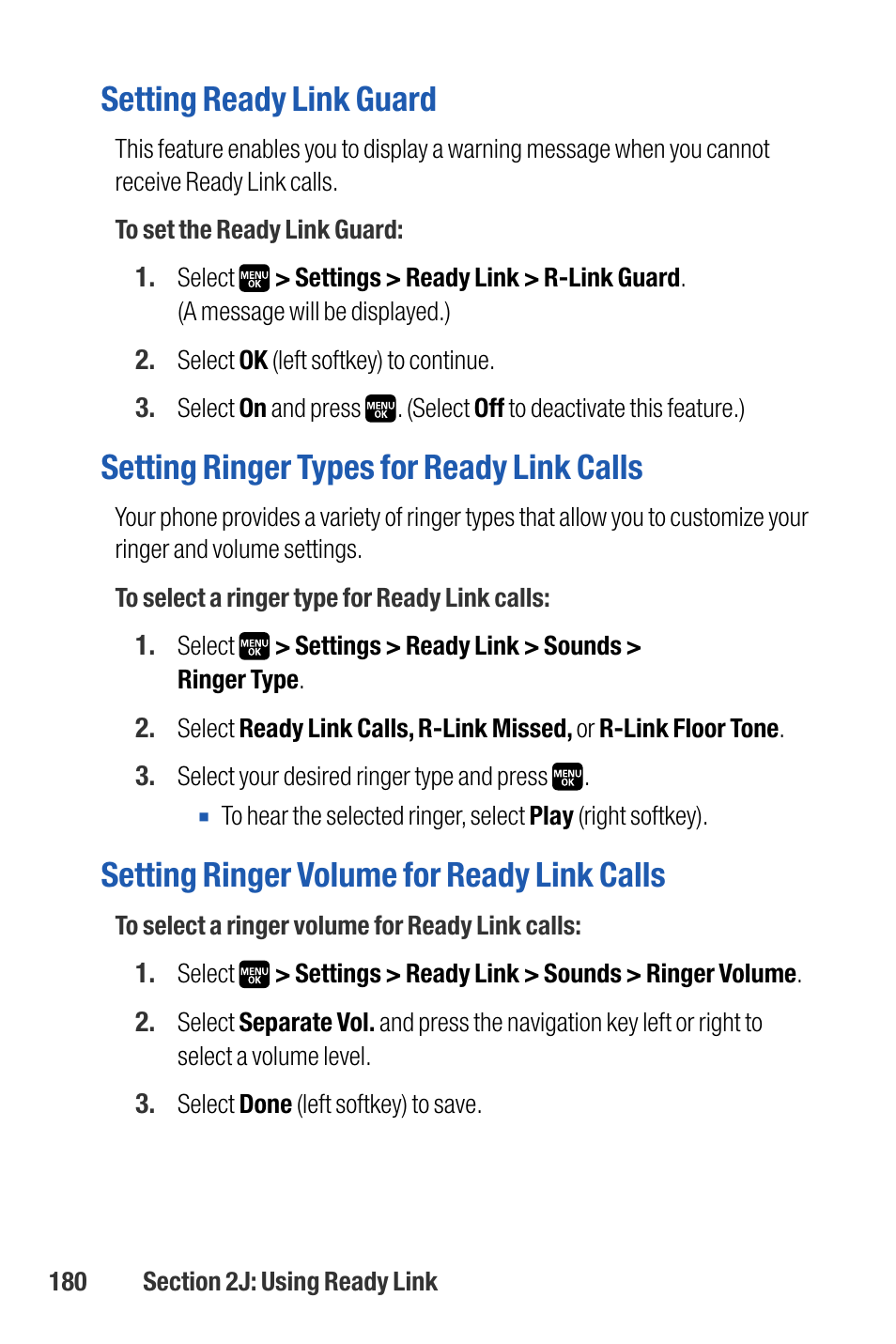 Setting ready link guard, Setting ringer types for ready link calls, Setting ringer volume for ready link calls | Sanyo M1 User Manual | Page 196 / 284