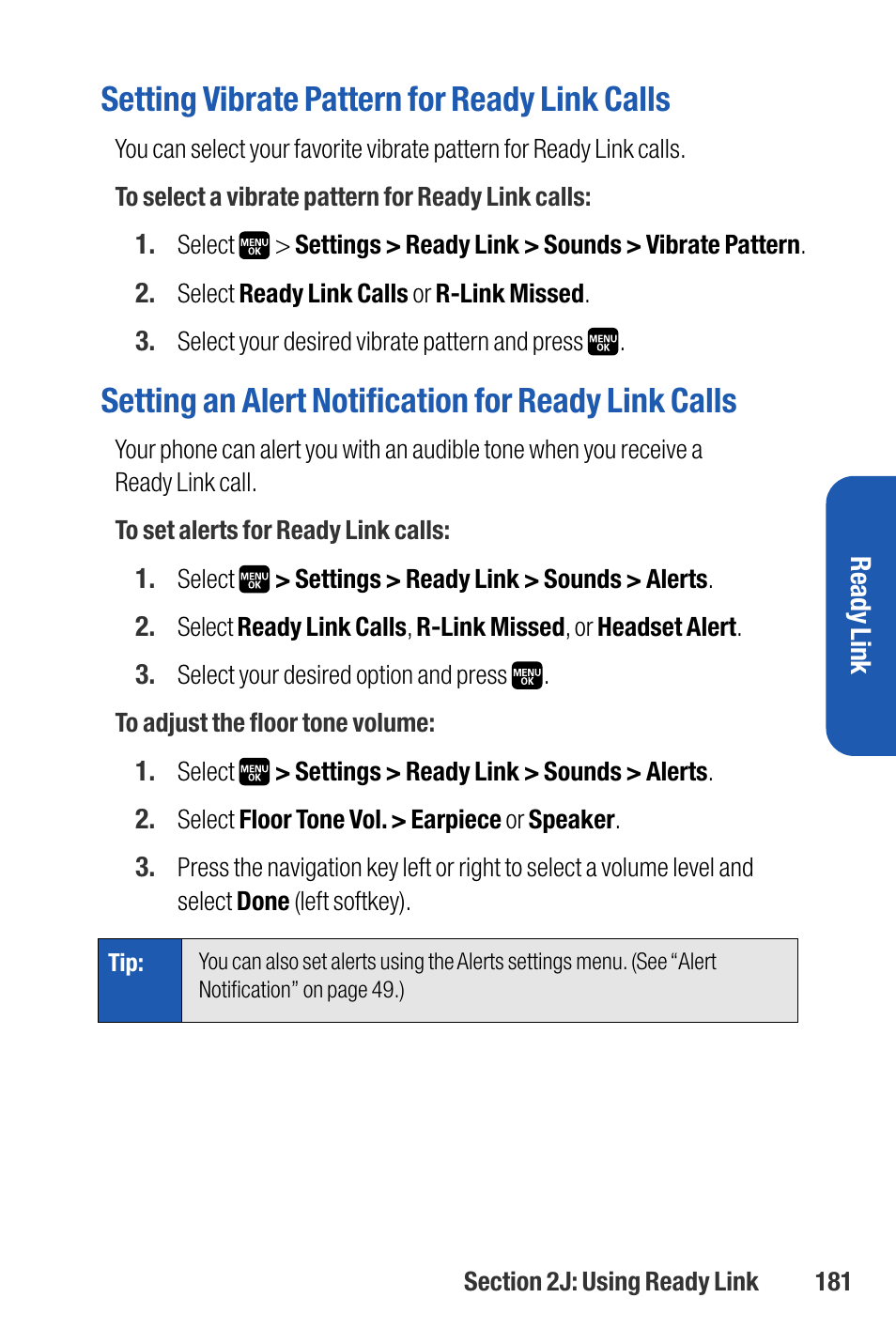 Setting vibrate pattern for ready link calls, Setting an alert notification for ready link calls | Sanyo M1 User Manual | Page 197 / 284