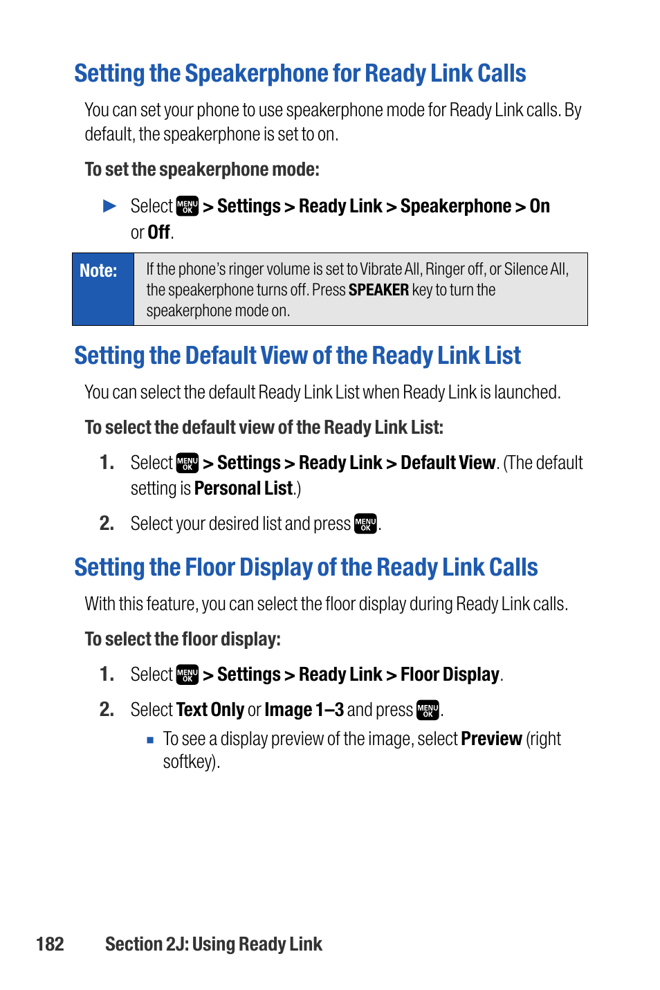 Setting the speakerphone for ready link calls, Setting the default view of the ready link list, Setting the floor display of the ready link calls | Sanyo M1 User Manual | Page 198 / 284