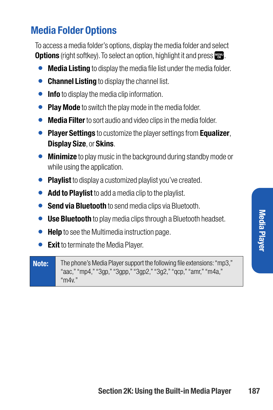 Media folder options, Media player, Channel listing to display the channel list | Info to display the media clip information, Help to see the multimedia instruction page, Exit to terminate the media player | Sanyo M1 User Manual | Page 203 / 284