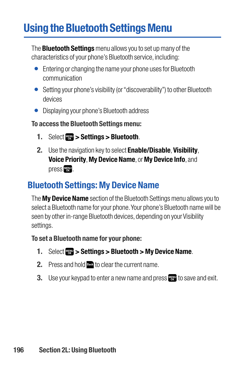 Using the bluetooth settings, Using the bluetooth settings menu, Bluetooth settings: my device name | Sanyo M1 User Manual | Page 212 / 284