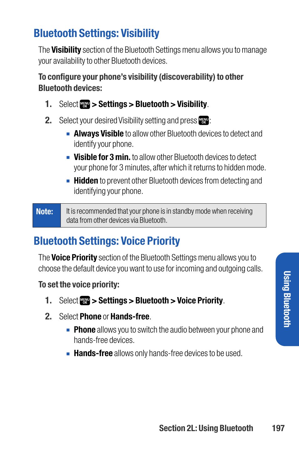 Bluetooth settings: visibility, Bluetooth settings: voice priority | Sanyo M1 User Manual | Page 213 / 284