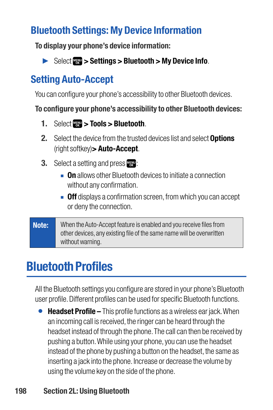 Bluetooth profiles, Bluetooth settings: my device information, Setting auto-accept | Sanyo M1 User Manual | Page 214 / 284