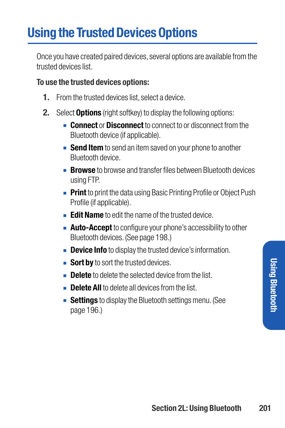 Using the trusted devices op, Using the trusted devices options, Using bluetooth | Sanyo M1 User Manual | Page 217 / 284