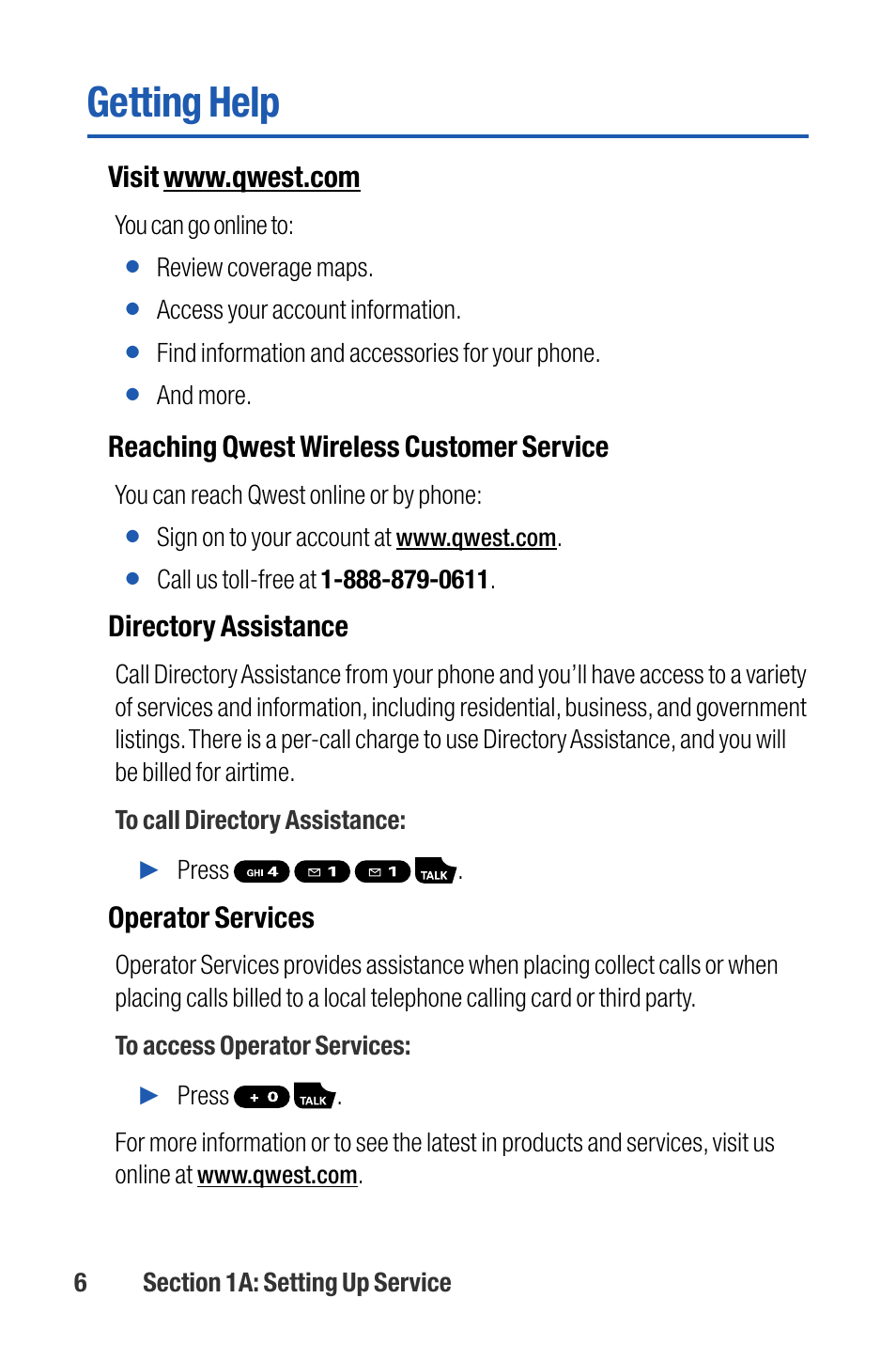 Getting help, Reaching qwest wireless customer service, Directory assistance | Operator services | Sanyo M1 User Manual | Page 22 / 284