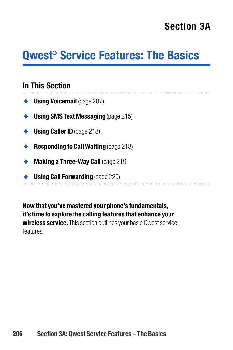 Qwest service features: the, Qwest service features: the basics, Qwest | Service features: the basics | Sanyo M1 User Manual | Page 222 / 284