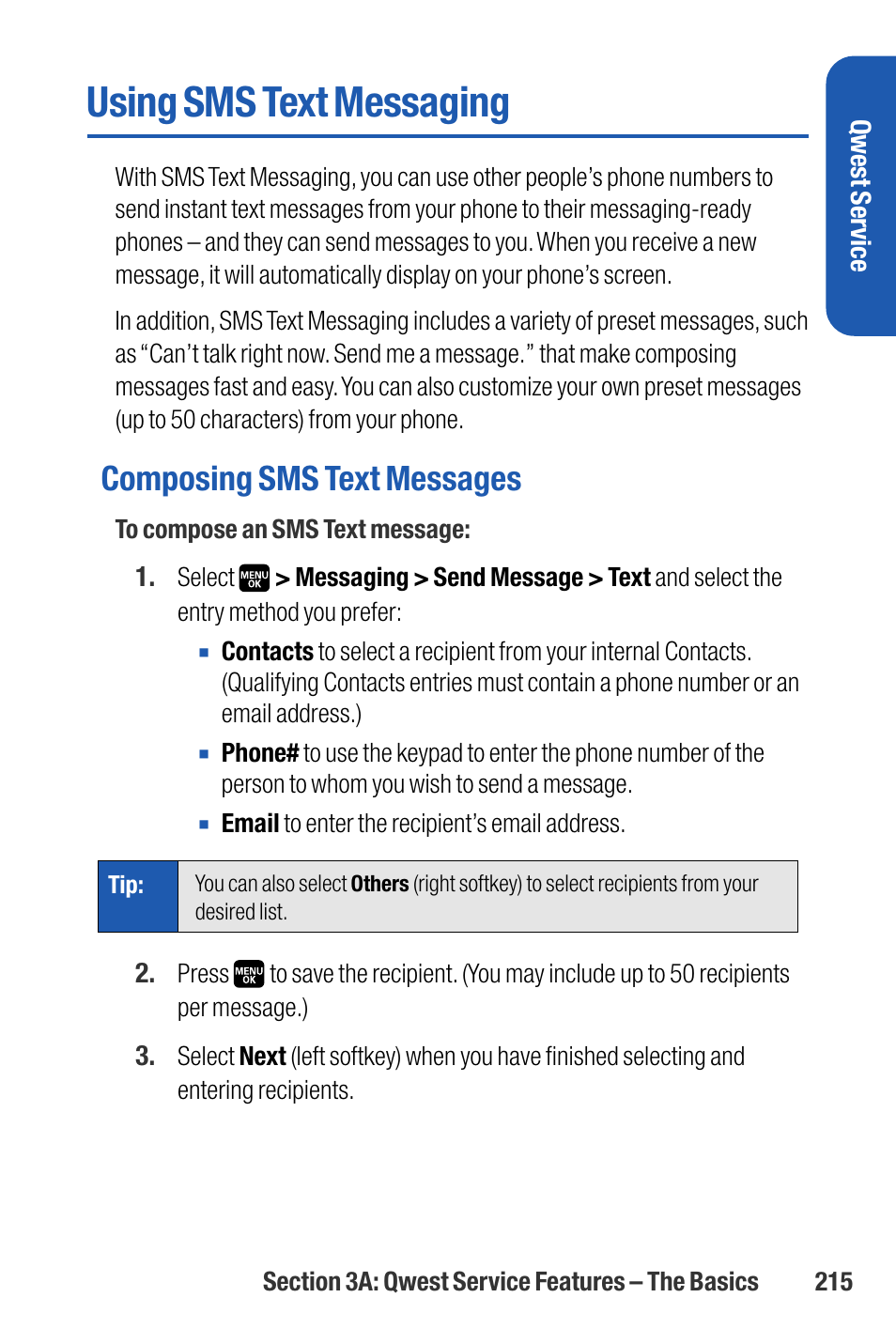 Using sms text messaging, Composing sms text messages | Sanyo M1 User Manual | Page 231 / 284