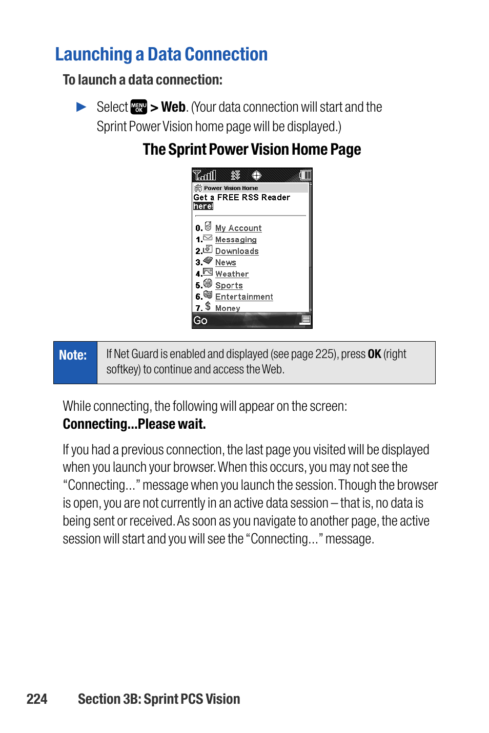 Launching a data connection, The sprint power vision home page | Sanyo M1 User Manual | Page 240 / 284