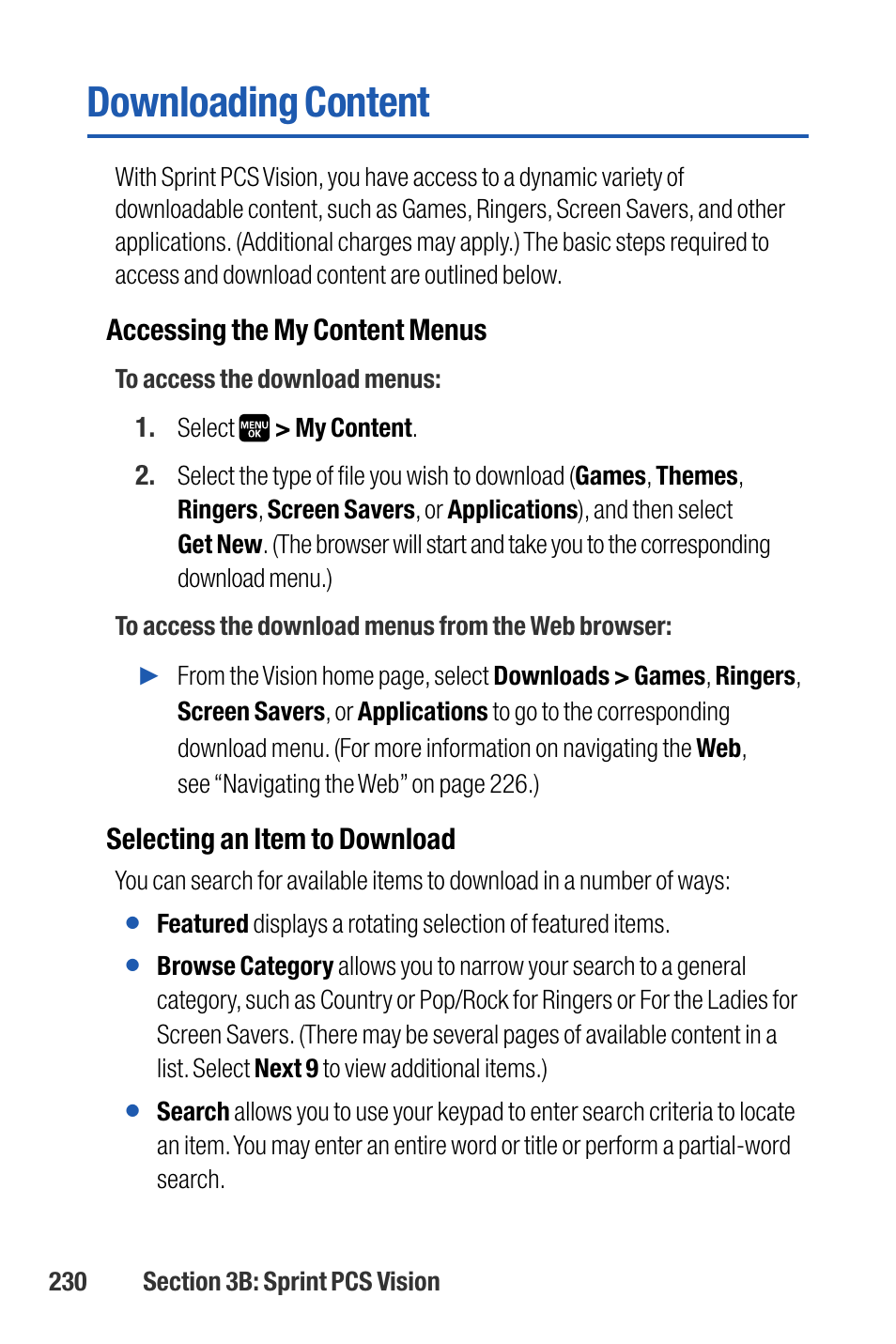 Downloading content, Accessing the my content menus, Selecting an item to download | Sanyo M1 User Manual | Page 246 / 284