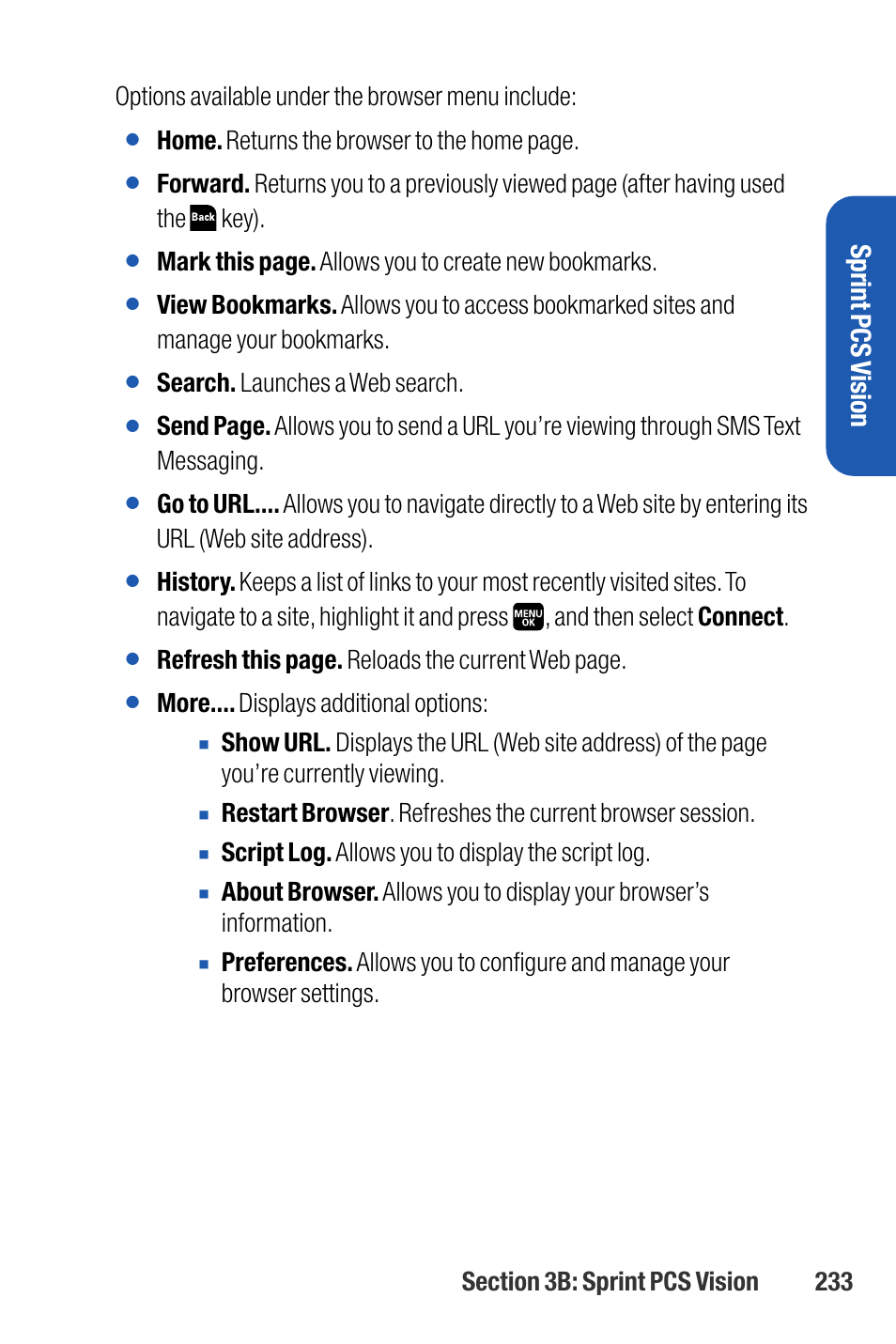 Sprint pcs v ision, Home. returns the browser to the home page, Mark this page. allows you to create new bookmarks | Search. launches a web search, Refresh this page. reloads the current web page, More.... displays additional options, Script log. allows you to display the script log | Sanyo M1 User Manual | Page 249 / 284